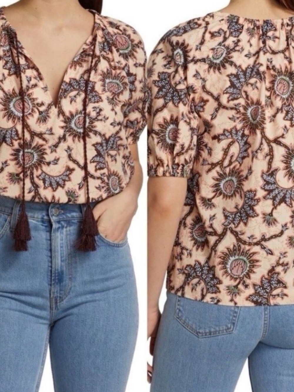 A.L.C Size 2 Elly Top Tassel Tie Neck Puff Sleeve Blouse Floral Boho
Cotton